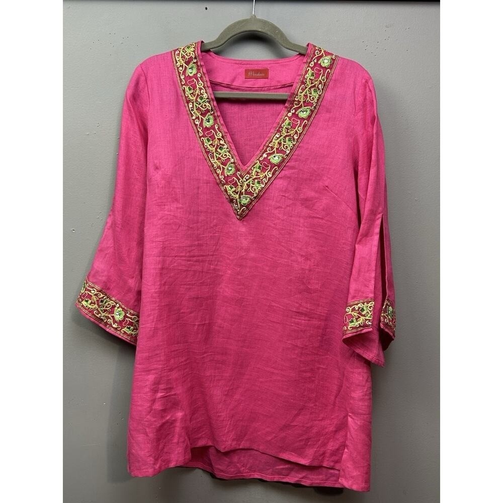 Vendeuse Tunic Womens Large Pink Linen Embroidered Sequin V-Neck 3/4 Sleeve Top